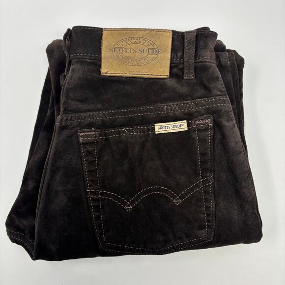 Vintage Skotts Suede 28x32 Dark Brown Washable Leather Double Knee Pants NWT - Picture 1 of 8